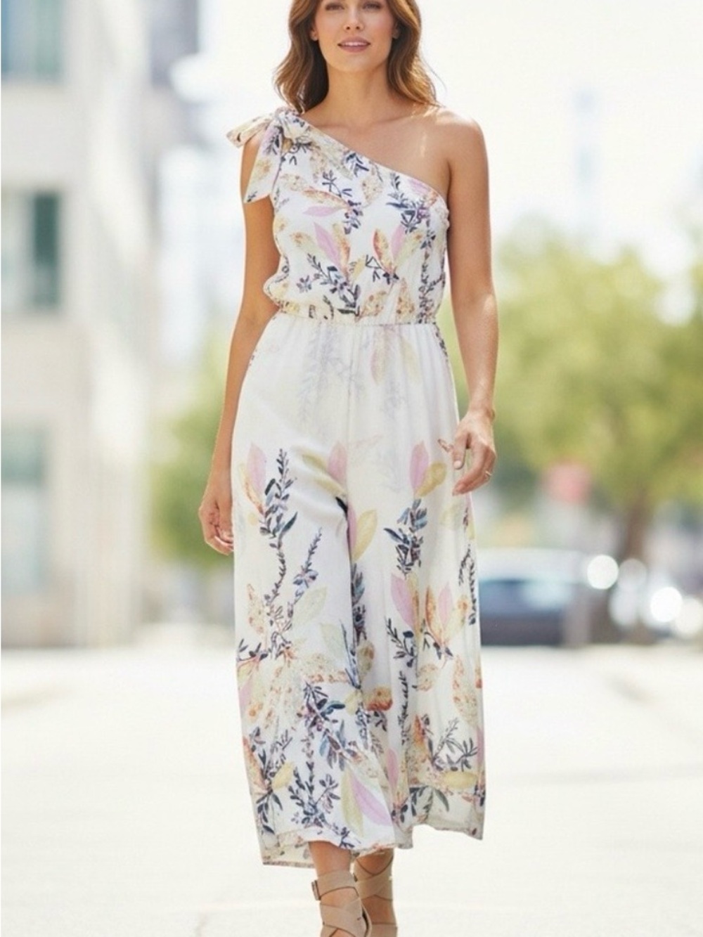 NWT Free People Sz Large Island Cream One-Shoulder Jumpsuit w/ Floral Design